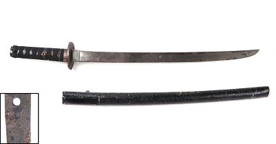 Japanese Wakizashi Sword, Signed. Antique Japanese wakizashi sword signed to the tang with two 