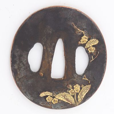 Early Japanese Floral Shrub Tsuba, Edo 1603 - 1868. Early Japanese tsuba with decoration in the 