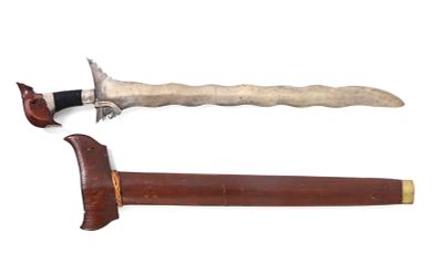 19th C. 13 Wave Moro Sulu Kris w/ Scabbard. 19th C. 13 wave Sulu kris with silver hardware and 