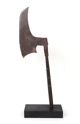 Massive Mounted Bardiche Axe. Massive mounted Bardiche axe engraved "IHS" to the blade with some 