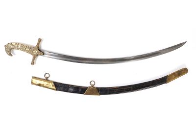 Ottoman Sword & Scabbard. Ottoman Sword with cast gilt brass handle featuring crescent moons and 