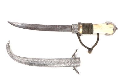 Fine Silver Moroccan Dagger w/ Decorated Sheath. Silver Moroccan dagger with intricately 