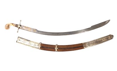 Turkish Shamshir Kilij Sword. Handle decorated with stippled brass panel wrapped with wire up to 