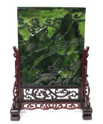 Gorgeous Spinach Jade Chinese Table Screen. Chinese spinach jade table screen depicting a monk 