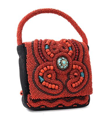 Lovely Handmade Coral & Turquoise Beaded Purse. Beautiful handmade purse with hundreds of bright 
