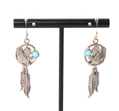 Sterling Silver Zuni Eagle & Feathers Earrings. Gorgeous sterling silver Native American made 