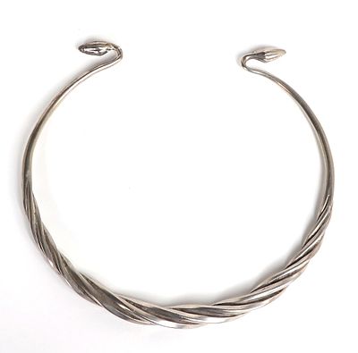 Beautiful Chinese Twisted Silver Plated Torque. Old uniquely styled with stylized budding buddha 