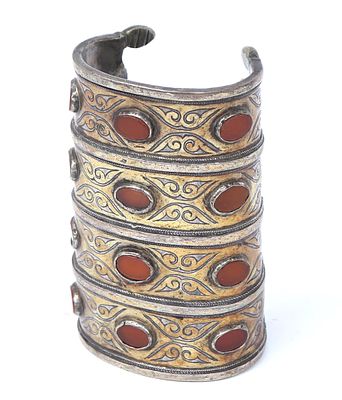 Turkoman Gilt Silver & Carnelian Bracelet. Turkoman silver and carnelian cuff bracelet or arm 