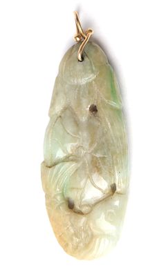 Chinese Jade Fish & Lotus Pendant. Fine old pendant carving in jade with a gold loop to the top 