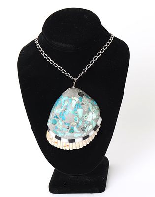 Turquoise Applied to Seashell Necklace. Wonderful sections of turquoise applied to a large 