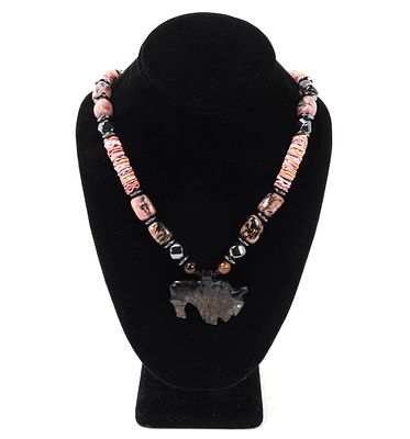 Gorgeous Jet, Shell & Rhodonite Necklace. Very fine all natural Native American made necklace 