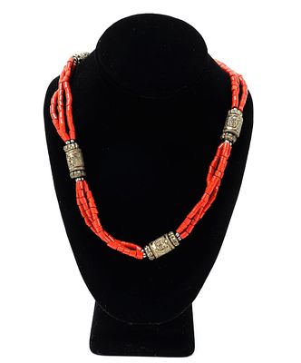Gorgeous Tibetan Coral & Beaded Necklace. Gorgeous triple stranded necklace comprised of 
