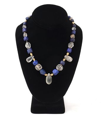 Roman Quartz, Glass, Lapis & Gold Bead Necklace. Hefty Roman bead necklace comprised of period 