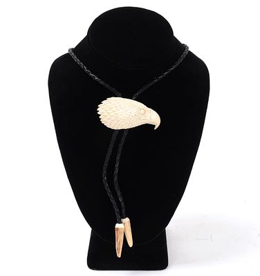 Antler Carved Eagle Bolo Tie. Intricately carved antler section depicting a handsome bald eagle 