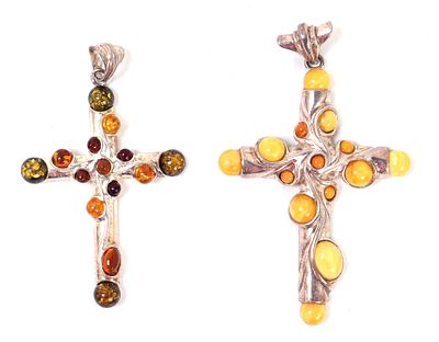 Two Lovely Baltic Sea Amber Cross Pendants. Gorgeous group lot of two hand made cross pendants 
