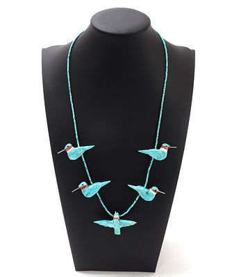 Gorgeous Turquoise Hummingbird Necklace. Wonderful turquoise, coral and jet hummingbirds strung 