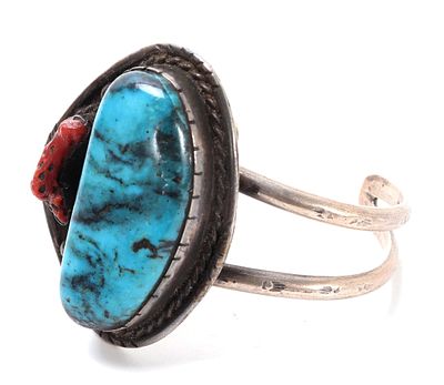 Gorgeous Turquoise & Coral Cuff Bracelet. Beautiful bright blue turquoise nugget polished into 