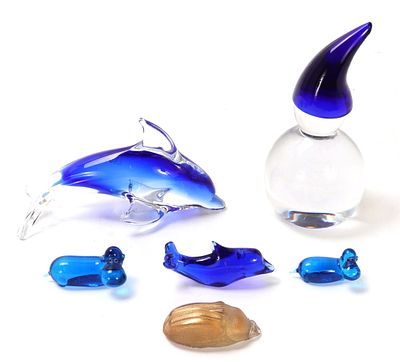 Gold Lalique Scabbard & Cobalt Blue Glass Figures. Lovely group of hand made glass figurines 