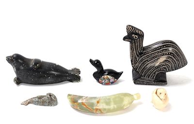 Group of Six Various Stone & Wood Carvings. Lovely group of carvings including two sea lions, a 