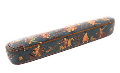 Lovely Mughal Artists Brush Box. Lovely paper mache artist brush box, depicting hunters on horse 