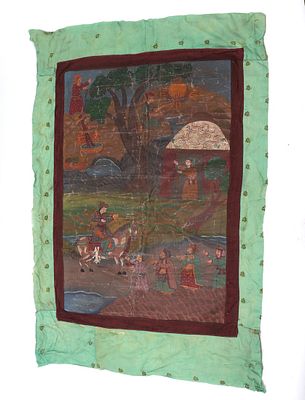 Indian Painted Textile, 20th c. Indian painted scene on fabric of a family awaiting for 