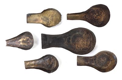 Asante (Akan) Gold Dust Scoops. A set of five intricately crafted brass scoops, traditional for 