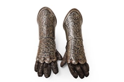 European Etched Steel Armor Gauntlets with Leather Gloves, 19th-20th C. Continental Europe 