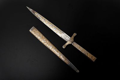 Spanish Toledo Gilt Floral Dagger, circa 1851. Spanish Toledo presentation dagger dated 1851 