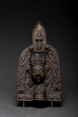 Himalayan Indian Brass Shiva Shrine Plaque Mohra, 18th C. Himalayan Indian cast brass Shiva 