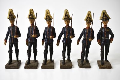 6 Elastolin Prussian Composition Soldiers. 4.25 inches tall. 1 officer and 5 enlisted soldiers. 