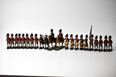 22 Elastolin Composition Marching Highlanders. 4 inches tall roughly. 8 rifle men with checkered 