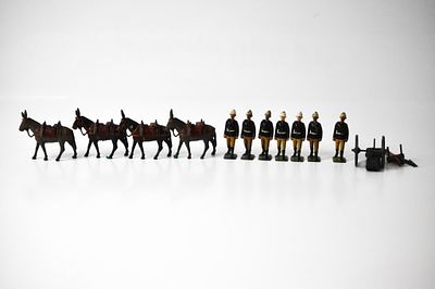 Britains Lead Mule Mountain Artillery Set. Mules are under 3 inches long. All the mules have 