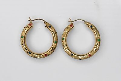 14K Gold Hoop Earrings 4.77g. Nicely decorated with enamal or glass cabochons on both sides. 