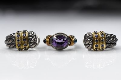 14K Gold & Sterling Jewelry 24.88g. Includes ring, earrings. All items measure approximately 1". 