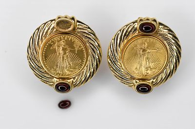 14K Gold Coin Earrings 15.6g. Each earring decorated with a liberty style gold coin which we 