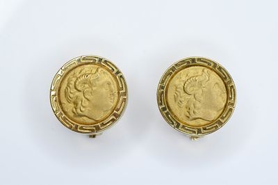 14K Gold Versace Style Clip Earrings 16.07g. Versace or Hermes style in coin form with Greek key 