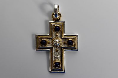 Sergio Bustamonte Sterling Pendant 1.32ozt. Large in cross form with cabachons .925 silver 