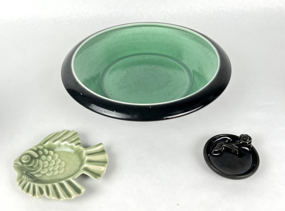 (3) Rookwood Pottery Pieces. No chips or cracks seen, some crazing on fish. Large bowl measures 