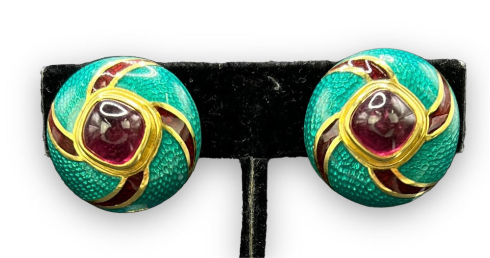 18K Mavito Rhodolite Garnet Enamel Earrings. Weight: 29.47g. Width: .87in Clip-on earrings. Some 
