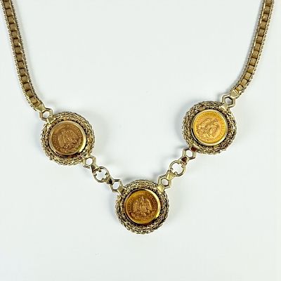 14K Yellow Gold Necklace w/(3) Mexican 2 1/2 Gold Peso Coins. Length: 17 1/2" 
Weight: 33.9g 