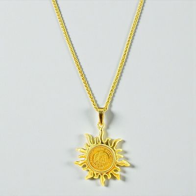 14K Yellow Gold Necklace w/ Mexican 2 Peso Gold Pendant. Chain Length: 20" 
Pendant Length: From 