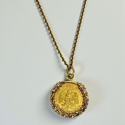 14K Yellow Gold Necklace w/ Mexican 5 Peso Gold Coin Pendant. Chain Length: 22" 
Pendant 