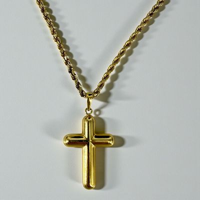 14K Yellow Gold Rope Necklace w/ 18K Gold Cross Pendant. Length of Chain: 24" 
Length of Cross 