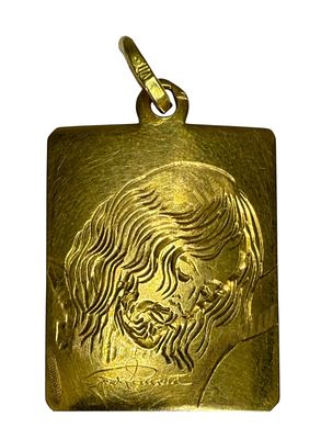 18K Yellow Gold Signed Jesus Pendant. Marked 750 on bail 
Size: 1 1/2" x 1" (including bail) 