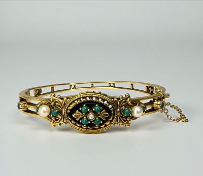 14K Yellow Gold Victorian Style Pearl & Turquoise Bangle Bracelet. Bracelet adorned with six 