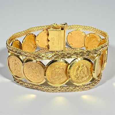 14K Yellow Gold Mexican 2 1/2 Peso Bracelet. 14K Yellow Gold Bracelet with (13) Mexican 2 1/2 