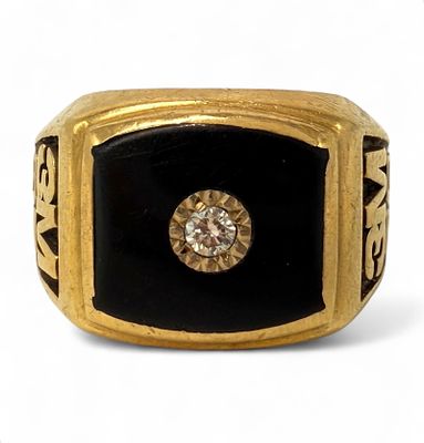 Diamond & 10K Gold "3M" Ring. Set with one round diamond measuring approximately 2mm (0.03ct) at 