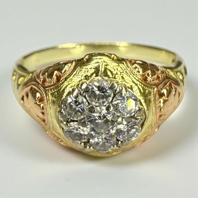 Antique 14K Yellow & Rose Gold Diamond Ring. Cluster of (7) Round Diamonds. Center diamond 