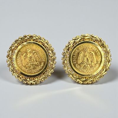 Pair Of 14K Yellow Gold w/ 2 1/2 Peso Gold Coin Earrings (A). French Clip post earrings 