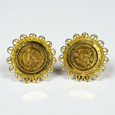 Pair Of 14K Yellow Gold Earrings w/ 2 1/2 Peso Mexican Gold Coin (C). French Clip post earrings 